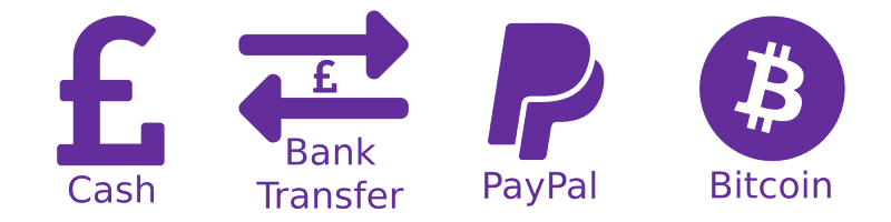 We pay by Cash, Bank Transfer, PayPal or Bitcoin